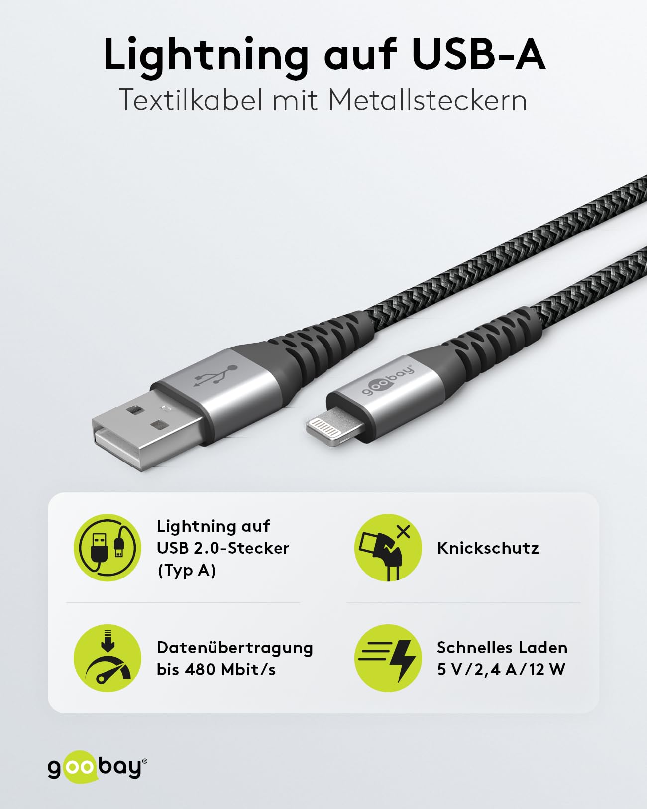 goobay-mobility-49269-lightning-kabel-usb-a-2m-grau-textil image 2