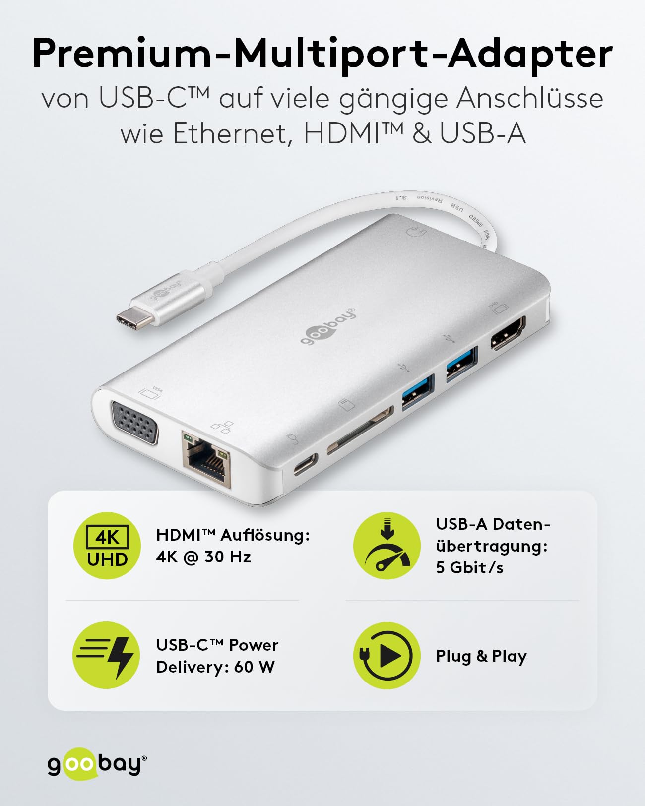 goobay-49850-notebook-pc-usb-c-hub-9-ports-4k-aluminium-silber image 2